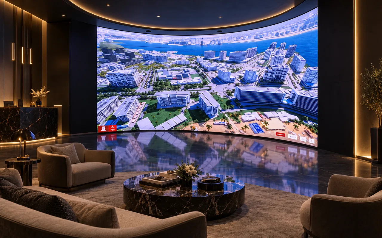 A sales center built around a curved LED wall showing a waterfront masterplan in 3D, with a lounge facing it