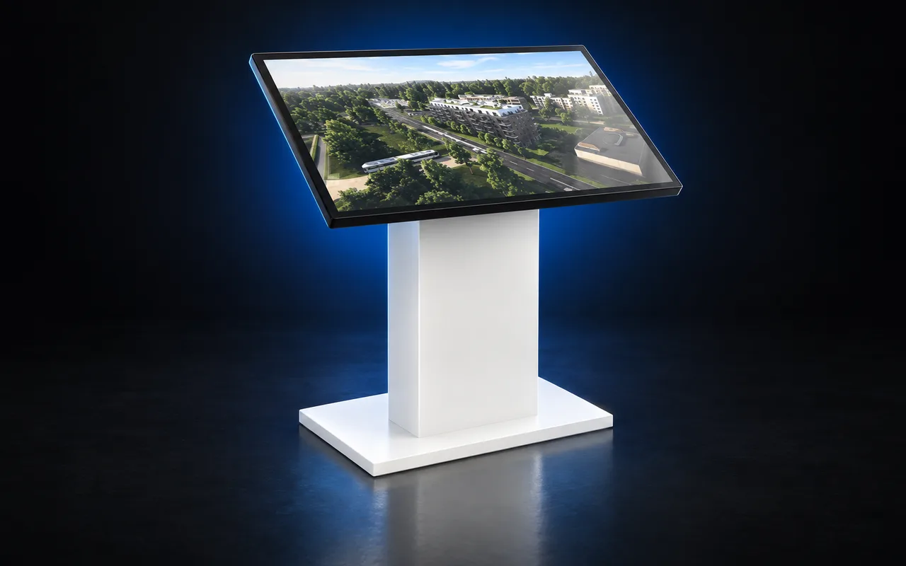 A freestanding touch totem with a tilted screen showing a residential development in 3D