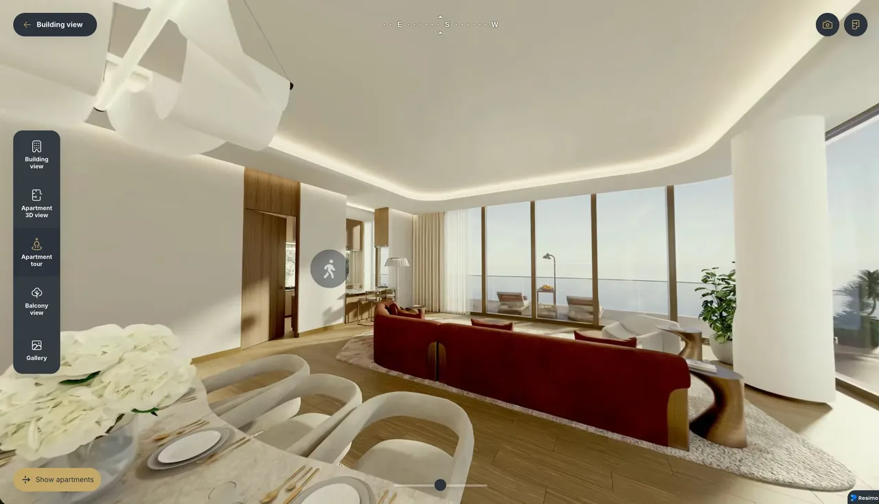 A 360 walkthrough of an apartment living room in the application