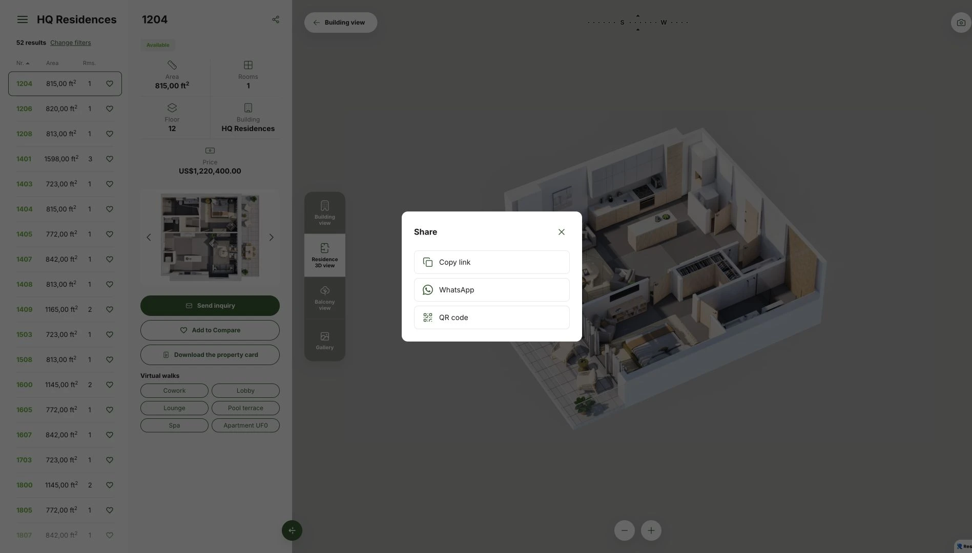 Share menu on the HQ Residences apartment page, with Copy link, WhatsApp and QR code options