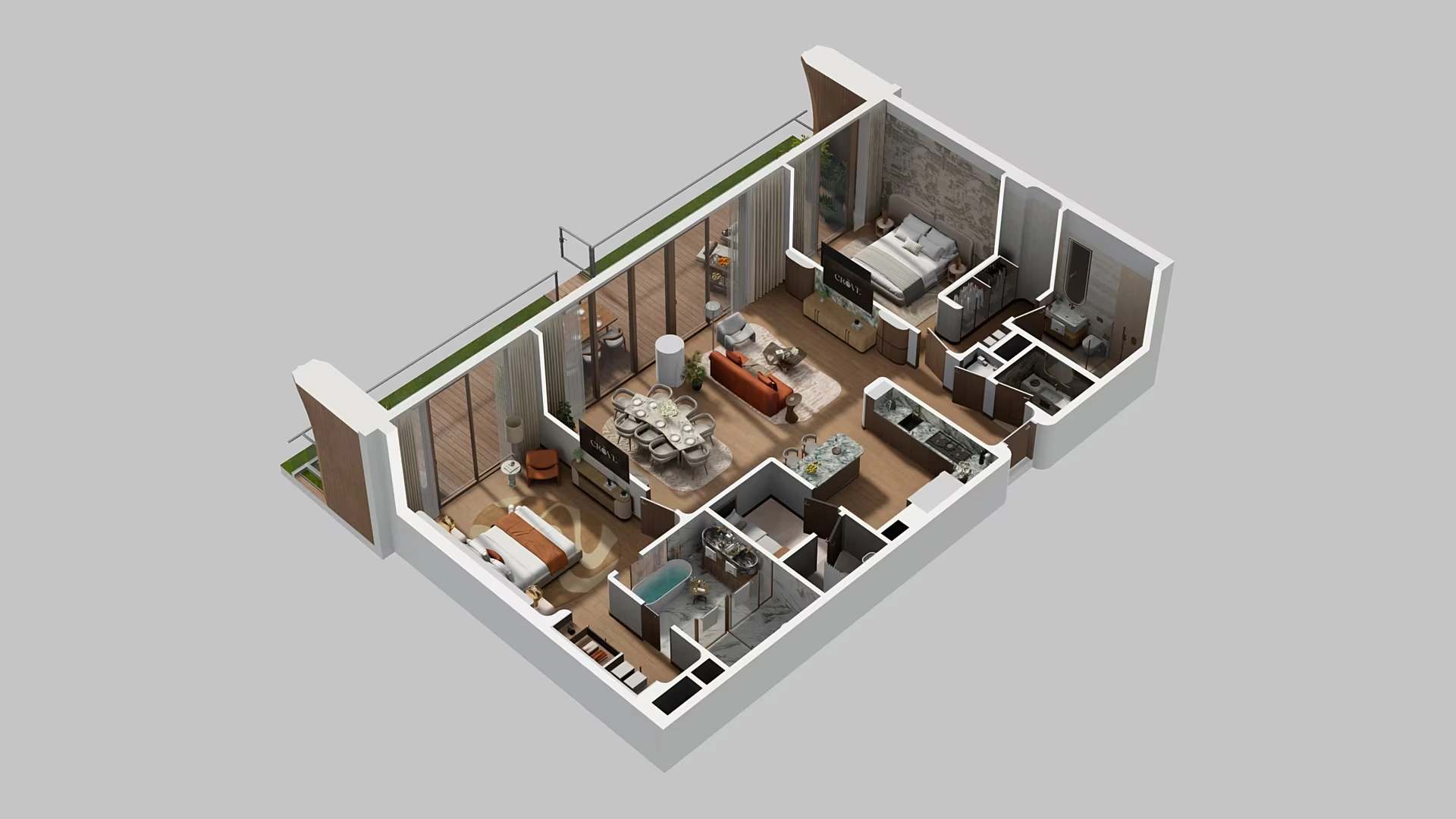 Furnished apartment at The Grove, with bedrooms, living area and terrace in a 3D cutaway