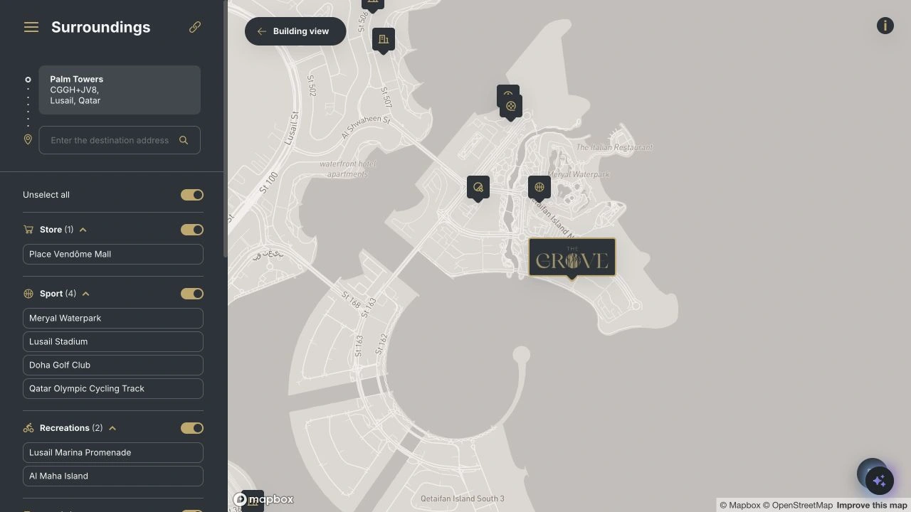 The Resimo location map showing nearby shops, sports venues and recreation destinations