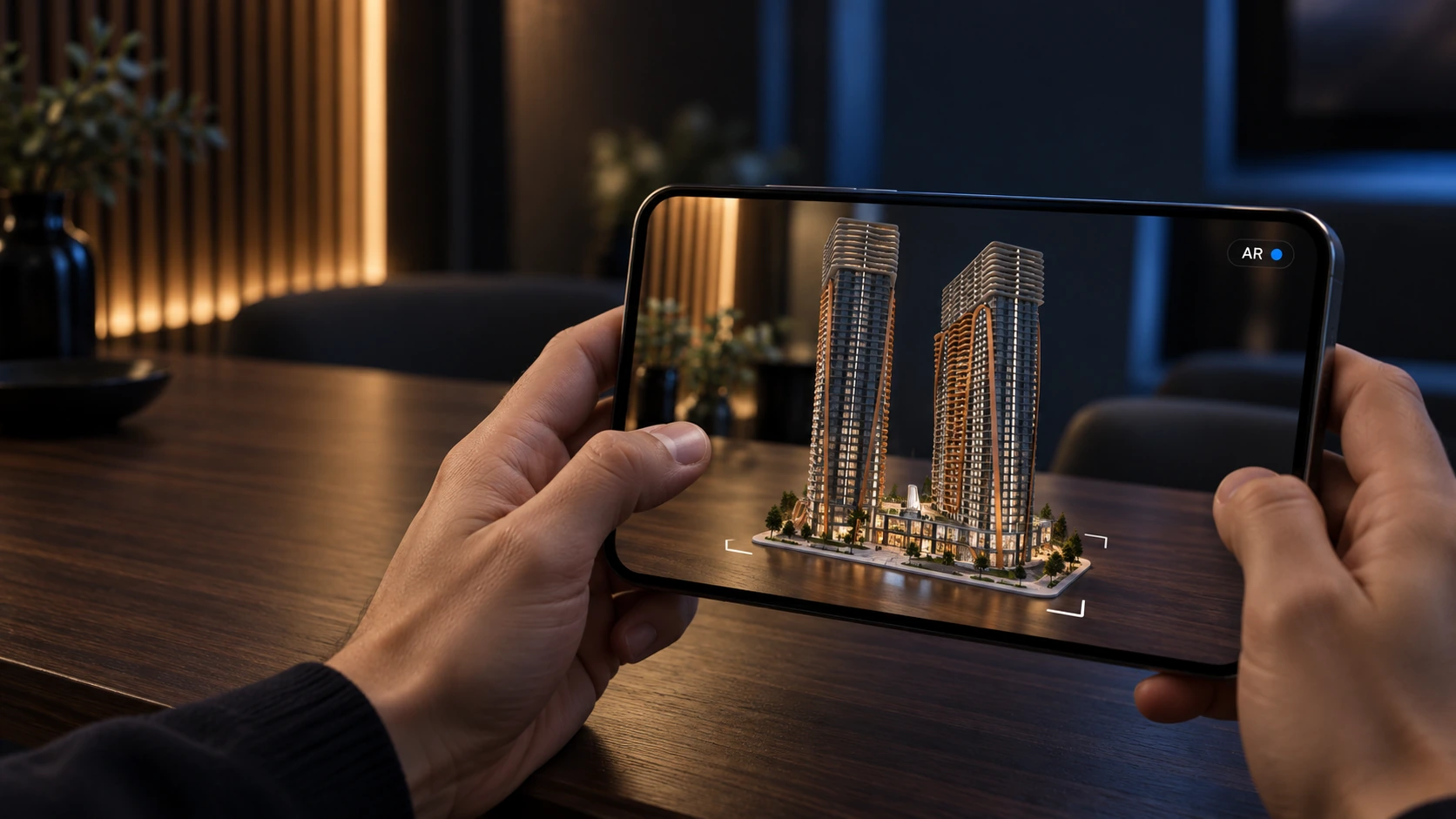 رسم توضيحي لمشروع Golden Towers على طاولة باستخدام الواقع المعزز عبر الهاتف